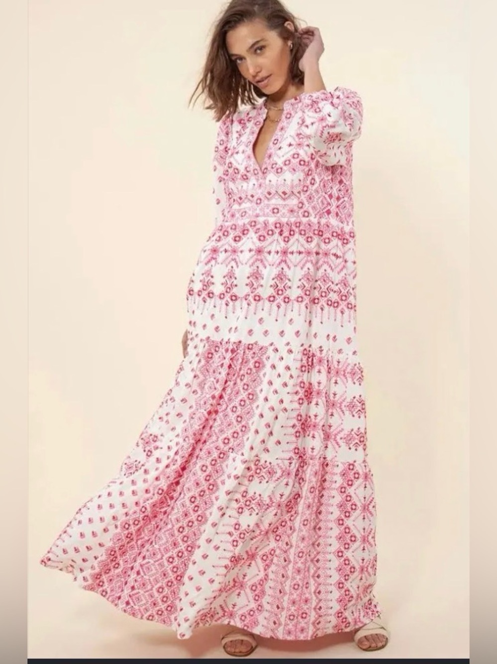 Hale Bob✨Clary Embroidered Boho Maxi Dress- Pink